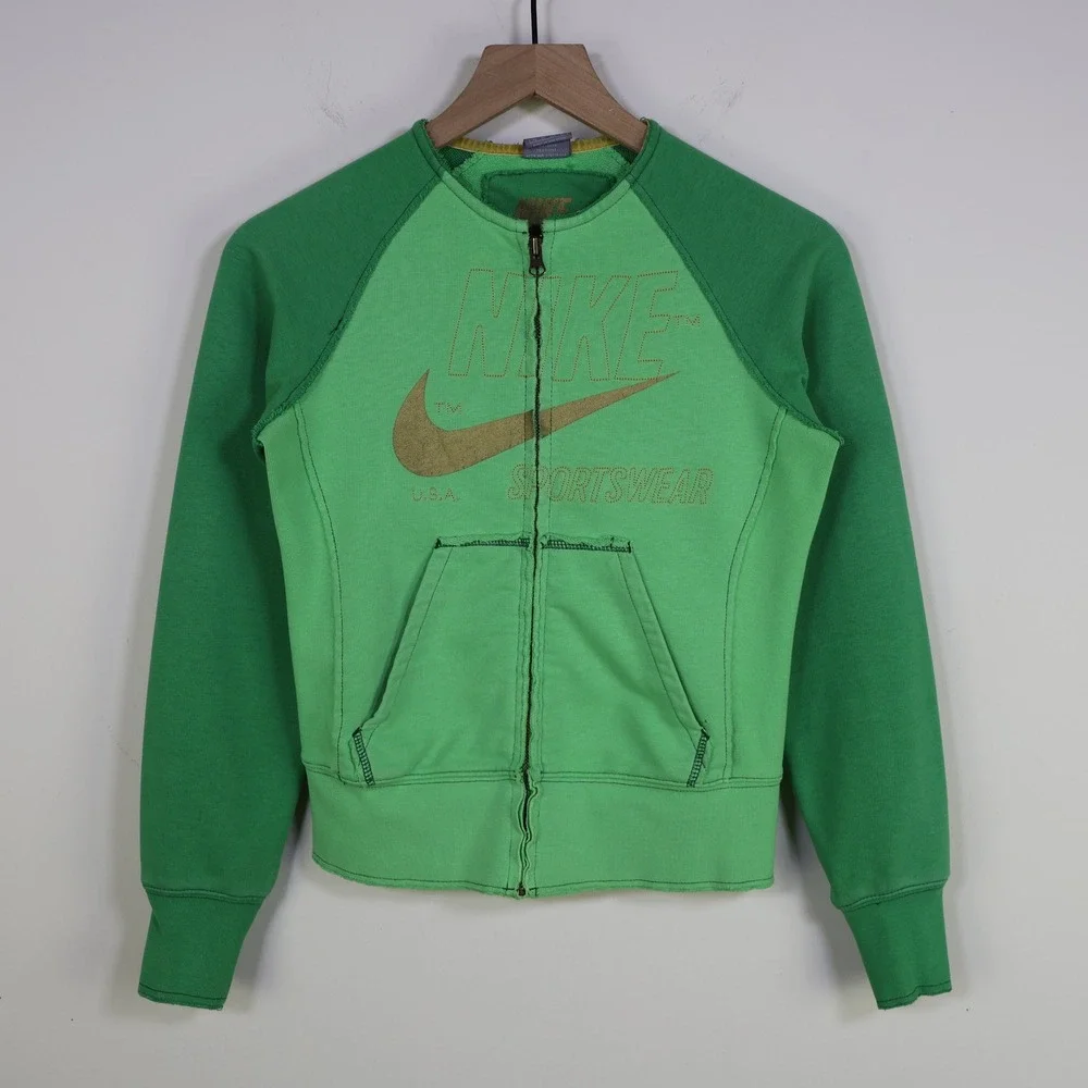 Vintage Y2K Nike Sportswear Full‎ Zip Jacket XS Green Gold Swoosh Fleece